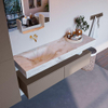 Mondiaz ALAN-DLUX Ensemble de meuble - 150cm - meuble Smoke mat - 2 tiroirs - Lavabo Cloud Frappe suspendu - vasque Gauche - 0 trous de robinet SW805247