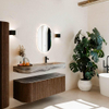 MONDIAZ THOR-DLUX 130cm meuble de salle de bains arrondi gauche + droite couleur Walnut avec 1 tiroir et 2 portes. Vasque suspendue CLOUD Droite 1 trou de robinet couleur Sombra. SW1464060