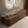 MONDIAZ KURVE-DLUX Meuble de salle de bains 145cm arrondi à gauche couleur Walnut avec 1 tiroir et 1 porte. Lavabo BIG LARGE à droite sans trou de robinet Sombra. SW1433675