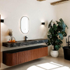 MONDIAZ THOR-DLUX Meuble de salle de bains - 200cm - arrondi gauche + droite - couleur Ruby - 2 tiroirs - 2 portes - Vasque suspendue CLOUD Milieu 1 trou de robinet - couleur Lava SW1466917