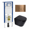 QeramiQ Dely Toiletset - 36.3x51.7cm - diepspoel - rimless - Geberit UP720 inbouwreservoir - softclose toilet zitting - 35mm - koperen bedieningsplaat - ronde knoppen - mat zwart SW1427110