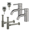 FortiFura Calvi Kit robinet lavabo - pour double vasque - robinet bas - bonde clic clac - siphon design - Inox brossé PVD SW915330