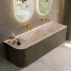 MONDIAZ KURVE-DLUX meuble de salle de bains 145cm arrondi à gauche couleur Shadow avec 1 tiroir et 1 porte. Lavabo LEAF Double / Droite sans trou de robinet Meli. SW1431833