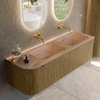 MONDIAZ KURVE-DLUX Meuble de salle de bains 145cm arrondi à gauche couleur Dusk avec 1 tiroir et 1 porte. Lavabo LEAF Double / Droite sans trou de robinet Saba. SW1433376