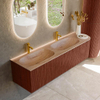 MONDIAZ KURVE-DLUX Meuble de salle de bains 165cm arrondi à droite couleur Ruby avec 2 tiroirs et 1 porte. Lavabo STOR SMALL Double / Gauche 2 trous de robinet Saba. SW1433514