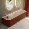 MONDIAZ KURVE-DLUX meuble de salle de bains 155cm arrondi gauche couleur Ruby avec 2 tiroirs et 1 porte. Lavabo LEAF Double / Droite sans trou de robinet Meli. SW1431997