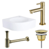FugaFlow Eccelente Pietra ensemble lavabo - 30x30x10cm - 1 trou de robinet - angle - céramique - robinet de lavabo en laiton brossé - blanc brillant SW1469223