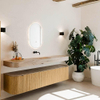 MONDIAZ THOR-DLUX Meuble de salle de bains - 200cm - arrondi gauche + droite - couleur Oak - 2 tiroirs et 2 portes - Vasque suspendue CLOUD Milieu sans trou de robinet - couleur Arena SW1467056