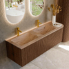 MONDIAZ KURVE-DLUX 145cm meuble de salle de bains arrondi droit couleur noyer avec 1 tiroir et 1 porte. Lavabo LEAF Double / Gauche 2 trous de robinet Arena. SW1431244