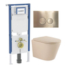 QeramiQ Dely Toiletset - 36.3x51.7cm - diepspoel - rimless - Geberit UP720 inbouwreservoir - softclose toilet zitting 35 mm - geborsteld messing bedieningsplaat - ronde knoppen - mat beige SW1427090