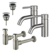 FortiFura Calvi Kit robinet lavabo - pour double vasque - robinet bas - bonde clic clac - siphon design bas - Inox brossé PVD SW911717