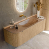 MONDIAZ KURVE-DLUX 140cm badmeubel ronding Links + Rechts kleur Oak met 1 lade en 2 deuren. Wastafel BIG SMALL Midden zonder kraangat Arena. SW1431100