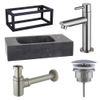 Fortifura Fuente Pack Lave-mains - 40x22x24.5cm - 1 trou de robinet - pierre naturelle - cadre noir - robinet Inox - Noir SW1111558