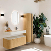 MONDIAZ THOR-DLUX 110cm meuble de salle de bains arrondi gauche + droite couleur Oak avec 1 tiroir et 2 portes. Vasque suspendue CLOUD Droite 1 trou de robinet couleur Ostra. SW1462749