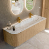 MONDIAZ KURVE-DLUX meuble de salle de bains 145 cm avec module 25 L couleur Chêne avec 1 tiroir et 1 porte. Lavabo BIG LARGE à droite 2 trous de robinet couleur Glace. SW1137936