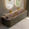 MONDIAZ KURVE-DLUX Meuble de salle de bains 145cm arrondi à gauche couleur Shadow avec 1 tiroir et 1 porte. Lavabo LEAF Double / Droite 2 trous de robinet Sombra. SW1433797