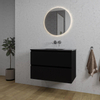 Saniclass Chaci Meuble de salle de bain - 80x46x55cm - lavabo en céramique noir - 1 vasque - sans trou de robinet - 2 tiroirs - ronde miroir avec éclairage - noir mat SW816277