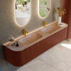 MONDIAZ KURVE-DLUX Meuble de salle de bains 200cm arrondi à gauche + à droite couleur Ruby avec 2 tiroirs et 2 portes. Lavabo STOR SMALL Double 2 trous de robinet Saba. SW1433523