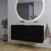 Adema Chaci Meuble salle de bain - 120x46x57cm - 2 vasques en céramique noire - sans trou de robinet - 2 tiroirs - miroir rond avec éclairage - noir mat SW816504