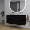 Saniclass Chaci Meuble de salle de bain - 120x46x55cm - lavabo en céramique noir - 2 vasques - sans trous de robinet - 2 tiroirs - ronde miroir avec éclairage - noir mat SW816504