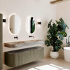 MONDIAZ THOR-DLUX 160cm meuble de salle de bains arrondi gauche + droite couleur Shadow avec 1 tiroir et 2 portes. Vasque suspendue CLOUD Double sans trou de robinet couleur Oza. SW1465319