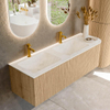 MONDIAZ KURVE-DLUX 145cm Meuble salle de bain avec module 25 D - couleur Oak - 1 tiroir - 1 porte - vasque LEAF double / gauche - 2 trous de robinet - couleur Opalo SW1137565