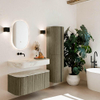 MONDIAZ THOR-DLUX 100cm meuble de salle de bains arrondi gauche + droite couleur Shadow avec 1 tiroir et 2 portes. Vasque suspendue CLOUD Gauche sans trou de robinet couleur Ostra. SW1467526