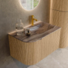 MONDIAZ KURVE-DLUX Meuble de salle de bains 75cm arrondi à gauche couleur Oak avec 1 tiroir et 1 porte. Lavabo GRUNNE à droite 1 trou de robinet Sombra. SW1433531