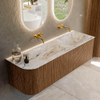 MONDIAZ KURVE-DLUX 145cm Meuble salle de bain avec module 25 G - couleur Walnut - 1 tiroir - 1 porte - vasque LEAF double / droite - sans trou de robinet - couleur Glace SW1138062