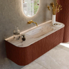 MONDIAZ KURVE-DLUX Meuble de salle de bains 140cm arrondi Gauche + Droite couleur Ruby avec 1 tiroir et 2 portes. Lavabo BIG SMALL Milieu sans trou de robinet Nata. SW1432541
