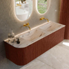 MONDIAZ KURVE-DLUX Meuble de salle de bains 145cm arrondi à gauche couleur Ruby avec 1 tiroir et 1 porte. Lavabo LEAF Double / Droite sans trou de robinet Nata. SW1432575