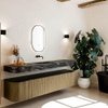 MONDIAZ THOR-DLUX 200cm meuble de salle de bains arrondi gauche + droite couleur Dusk avec 2 tiroirs et 2 portes. Vasque suspendue CLOUD Milieu sans trou de robinet couleur Lava. SW1466854