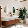 MONDIAZ THOR 190cm meuble de salle de bains arrondi gauche + droite couleur Ruby avec 2 tiroirs et 2 portes. Vasque suspendue CLOUD Double sans trou de robinet couleur Talc. SW1467704