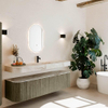 MONDIAZ THOR-DLUX 180cm meuble de salle de bains arrondi gauche + droite couleur Shadow avec 2 tiroirs et 2 portes. Vasque suspendue CLOUD Milieu 1 trou de robinet couleur Frappe. SW1466070