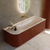 MONDIAZ KURVE-DLUX meuble de salle de bains 135cm arrondi à gauche couleur Ruby avec 1 tiroir et 1 porte. Lavabo BIG MEDIUM à droite sans trou de robinet Meli. SW1431976