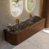 MONDIAZ KURVE-DLUX Meuble de salle de bains 155 cm avec module 25 L couleur Walnut avec 2 tiroirs et 1 porte. Lavabo LEAF double / à droite 2 trous de robinet couleur Lava. SW1137280