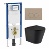 QeramiQ Dely Toiletset - 36.3x51.7cm - diepspoel - rimless - Geberit UP720 inbouwreservoir - softclose toiletzitting - bedieningsplaat taupe - ronde knoppen - met Burda frame - mat zwart SW1428208