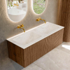 MONDIAZ KURVE-DLUX 120cm Meuble salle de bain - couleur Walnut - 1 tiroir - vasque LEAF double - sans trou de robinet - couleur Ostra SW1137889