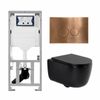 QeramiQ Dely Swirl Ensemble WC - 36.3x51.7cm - Réservoir encastré Geberit UP320 - abattant fin - Plaque de commande en cuivre - Boutons ronds - Noir mat SW1130196