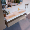 Mondiaz ALAN-DLUX Ensemble de meuble - 150cm - meuble Smoke mat - 2 tiroirs - Lavabo Cloud Opalo suspendu - vasque Gauche et droite - 2 trous de robinet SW806551