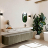 MONDIAZ THOR-DLUX 200cm meuble de salle de bains arrondi gauche + droite couleur Shadow avec 2 tiroirs et 2 portes. Vasque suspendue CLOUD Droite 1 trou de robinet couleur Glace. SW1467023