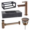 FugaFlow Eccelente Pietra ensemble de lavabo - 40x22x24,5cm - 1 trou de robinet - pierre naturelle - cadre noir - robinet de lavabo en cuivre - noir SW1469208