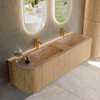 MONDIAZ KURVE-DLUX Meuble de salle de bains 155cm arrondi à gauche couleur Oak avec 2 tiroirs et 1 porte. Lavabo LEAF Double / Droite 2 trous de robinet Arena. SW1431144