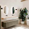 MONDIAZ THOR-DLUX Meuble de salle de bains 160cm arrondi gauche + droite couleur Shadow avec 1 tiroir et 2 portes. Vasque suspendue CLOUD Double sans trou de robinet couleur Nata. SW1465280