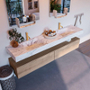 Mondiaz ALAN-DLUX Ensemble de meuble - 200cm - meuble Washed Oak mat - 2 tiroirs - Lavabo Cloud Glace suspendu - vasque Gauche et droite - 2 trous de robinet SW808949