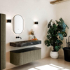 MONDIAZ THOR-DLUX 120cm meuble de salle de bains arrondi gauche + droite couleur Shadow avec 1 tiroir et 2 portes. Vasque suspendue CLOUD Gauche sans trou de robinet couleur Lava. SW1463144