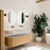 MONDIAZ THOR-DLUX 140cm meuble de salle de bains arrondi gauche + droite couleur Oak avec 1 tiroir et 2 portes. Vasque suspendue CLOUD Double sans trou de robinet couleur Glace. SW1463893