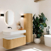 MONDIAZ THOR Meuble de salle de bains 110cm arrondi gauche + droite couleur Oak avec 1 tiroir et 2 portes. Vasque suspendue CLOUD Gauche sans trou de robinet couleur Talc. SW1462720