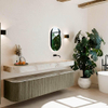 MONDIAZ THOR-DLUX Meuble de salle de bains 200cm arrondi gauche + droite couleur Shadow avec 2 tiroirs et 2 portes. Vasque suspendue CLOUD Droite sans trou de robinet couleur Frappe. SW1467025