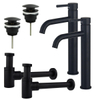 FortiFura Calvi Kit robinet lavabo - pour double vasque - robinet rehaussé - bonde clic clac - siphon design bas - Noir mat SW911712